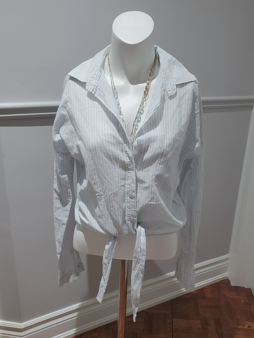 Light Blue Striped Tie-Front Collar Blouse